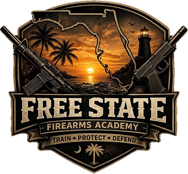 Free State Firearms Academy shield logo: Florida outline, palm trees and a lighthouse at sunset